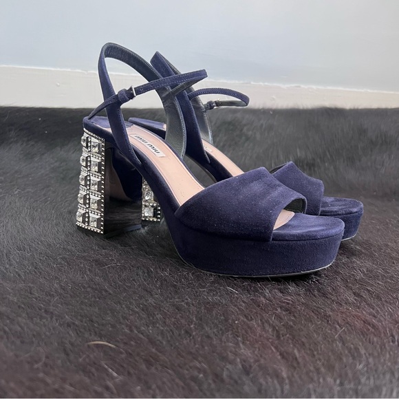 MIU MIU Navy Suede Crystal Block Heel Sandals Platforms Heels $1300 Retail 8.5 - Picture 4 of 6